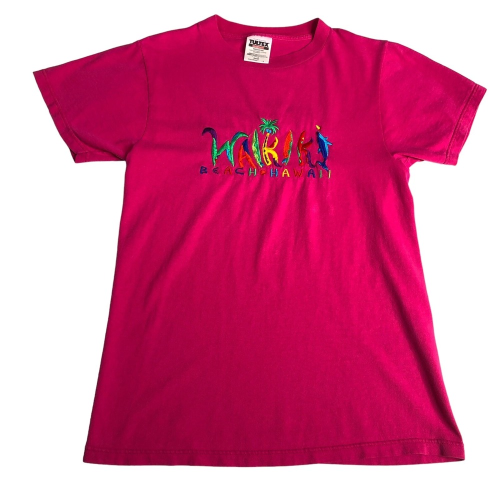 Vintage 90s Y2K Waikiki Beach Hawaii Shirt Small Pink Short Sleeve Embroidered